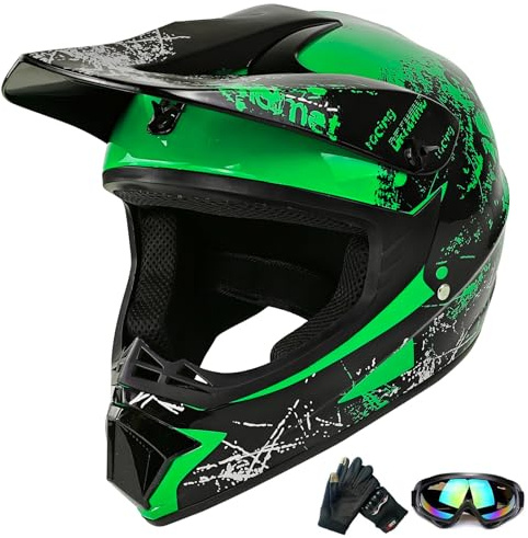 Jugend-Offroad-Motocrosshelme,Fahrradhelme für Jungen und Mädchen,Personalisierter Motorradhelme,CE Standards (Green, M)