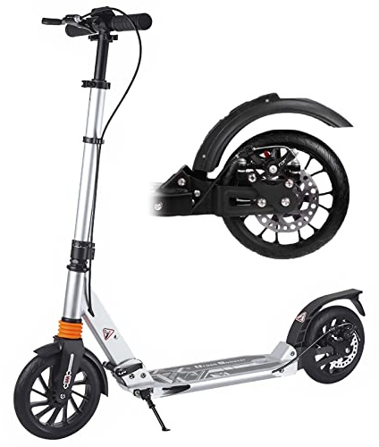 Bueuwe City Roller Tretroller Erwachsene 150 kg Tragkraft, 200mm Big Wheel Scooter mit Stoßdämpfer, Cityroller aus Aluminiumlegierung, Höhenverstellbar, Klappbar,Silber