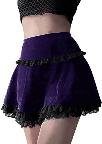 DINGJIUYAN Purple Ruffle Skirt Women's Vintage Velvet Stretchy Mini Flared Skater Skirt