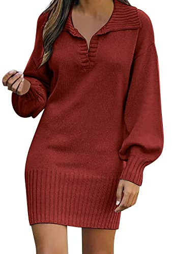 Briskorry Vestido de invierno para mujer - Cuello en V - Manga larga - Vestido festivo - Vestido de invierno cálido de punto - Mini vestido cruzado - Vestido de punto - Vestido acanalado