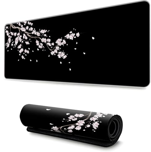 Hixingo Alfombrilla Ratón XXL/XL/L, Sakura Negro Alfombrilla Rató, Alfombrilla Gaming con Bordes Cosidos y Base Antideslizante, Mouse Pad para Hogares y Oficinas (600x300x3mm,Blanco)