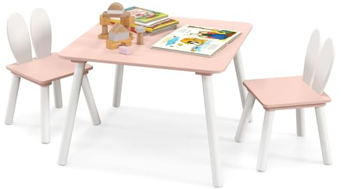 COSTWAY Kindertisch mit 2 Stühlen, 3 TLG. Kindersitzgruppe mit Massivholzbeine & Hasenohren Rückenlehne, quadratischer Spieltisch, Kindermöbel Kindersitzgarnitur für 3-6 Jahre Kinder (Rosa)