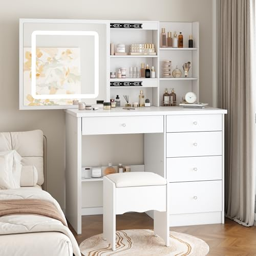 Tocador PREMTURE elegante con iluminación LED, espejo deslizante, 3 luces de color, taburete, tablero de mesa grande, blanco, MDF, 50 x 100 x 135 cm