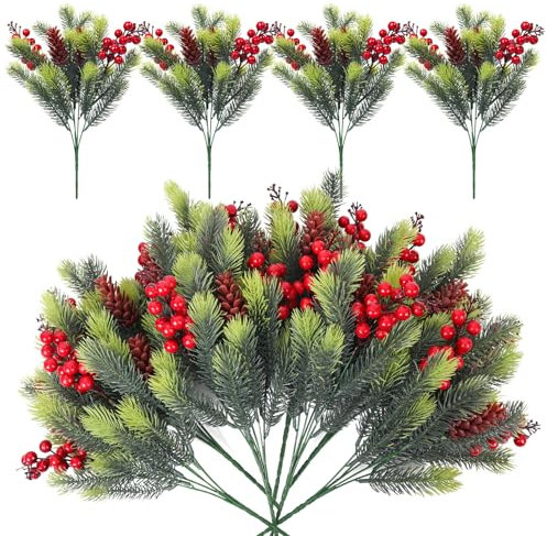 RECUTMS 8 Pcs Christmas Garland Artificial Pine Picks Fake Pine Branches Christmas Picks with Pine Cones Faux Holly Berries Artificial Foliage Red Pine Stems for Christmas Decorations（Light Green）