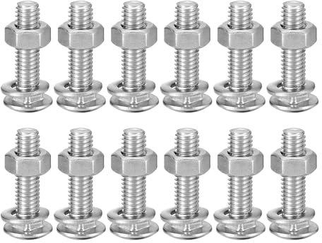 sourcing map M6x25mm Square Neck Carriage Bolts with Nuts & Washers, 12Set 304 Stainless Steel Round Head Square Neck Coach Bolt Screws, Silver Tone