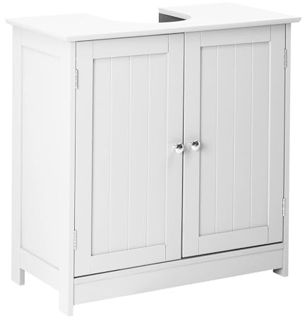 TOTEBOX Bathroom Floor Cabinet Under Sink, White Bathroom Under Sink Cabinet Basin Storage Cupboard Vanity Unit Furniture Free Standing with 2-Tier Adjustable Shelves and Double Doors