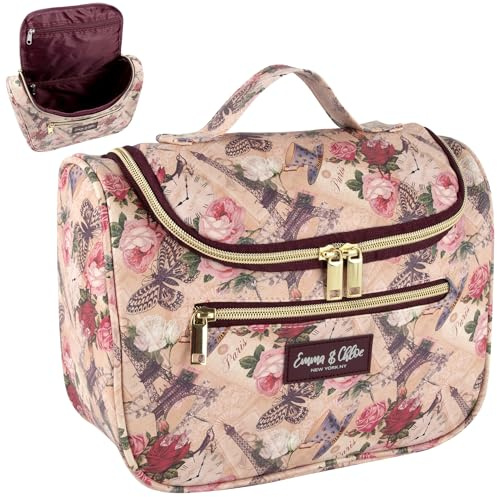 Emma & Chloe Large Cosmetic Case Makeup Organizer, Toiletry Bag for Women | 4 Section Waterproof Travel Make Up Organizing Bags (Pretty in Paris)