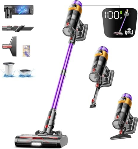 Akku Staubsauger 45000PA/550W/70Mins,1.8L Staubsauger Kabellos mit OLED Smart Screen und Anti-Wicklung Bodenbürste,Wandmontage Wiederaufladbare Akkustaubsauger für Hartböden Teppiche Tierhaare