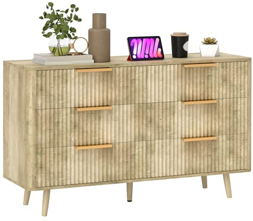 HOMCOM Cómoda de 6 Cajones para Dormitorio Patas Madera 62x35x105 cm Roble