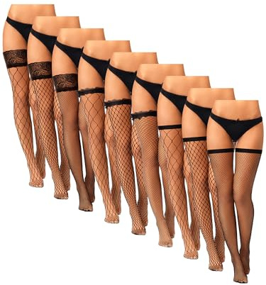 Hicarer 9 Pairs Fishnet Thigh High Stockings Lace Top Sheer over Knee Stocking Silky Thigh High Stockings for Women(Large)
