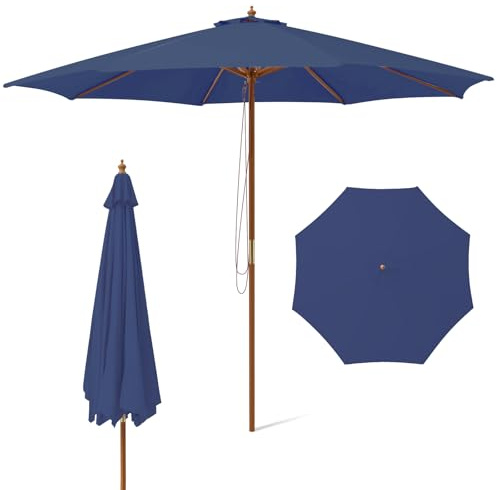 KOMFOTTEU Sombrilla Terraza Exterior 300 cm, Parasol Plegable con 8 Varillas de Bambú y Poste de Madera, Sombrilla de Jardín Redonda con 3 Alturas Ajustables, para Balcón, Playa, sin Base (Azul)