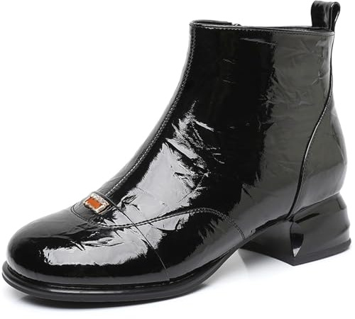 sekiueo Stivaletti da Donna in Pelle Verniciata Stivali da Passeggio con Tacco Basso E Cerniera Laterale Stivali alla Moda,Nero,39 EU