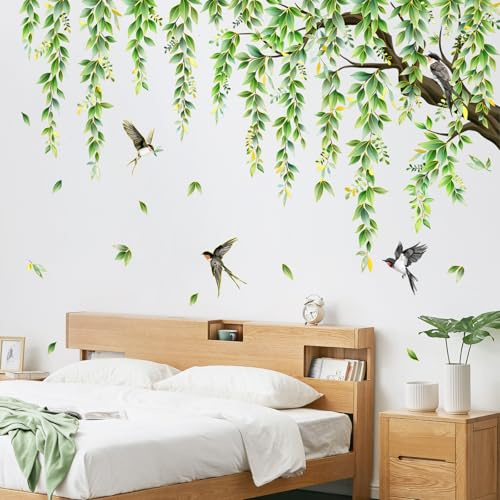 Supzone Pegatinas de Pared Arbol Verde Planta Vinilos Decorativos Hojas Verdes con Bordes Dorados Adhesivos Pared Dormitorio Habitación Sala de Estar Oficina