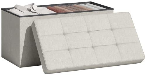 HOMCOM Puff Almacenaje Banco Almacenaje Plegable 84L 76x38x38cm Crema | Tapizado en Lino Sintético, Baúl de Almacenamiento, Carga 120 kg, Taburete para Sala de Estar Dormitorio Entrada