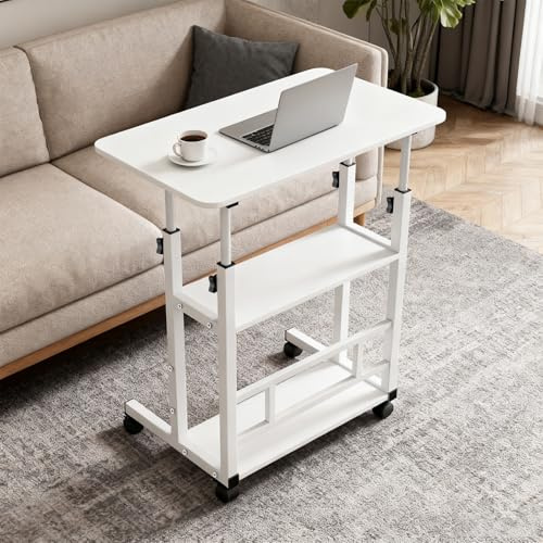 OHMG 60 x 40 cm rullbord för soffa, rullbord med 1 låda och 2 hyllor, mobilt skrivbord, justerbar höjd 74,5–95,5 cm, sidobord 4 låsbart hjul