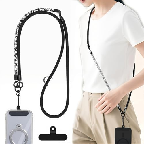 8 mm universell mobiltelefonsnodd, 120 cm justerbar mobilhängare, robust hängande mobilrem för nacke och axelväska, handfri mobiltelefonrem med lapp, svart och svart twill