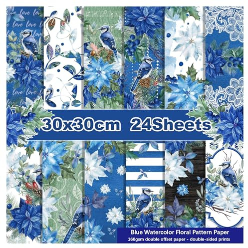 Scrapbooking Dekorpapper Kartong Pappersdyna, 12x12, dubbelsidig 24 ark Akvarell Blommor Växter Fåglar Mönsterpapper, Albumbakgrund, Scrapbooklayout