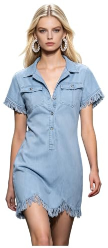 Choomo Västerländsk tofsklänning, jeansklänning, cowgirl klänningar, boho | Miniklänning med överknä, kortärmad med krage och tofs, strandmode, streetwear, bar, fritid, vardag, semester, avslappnad