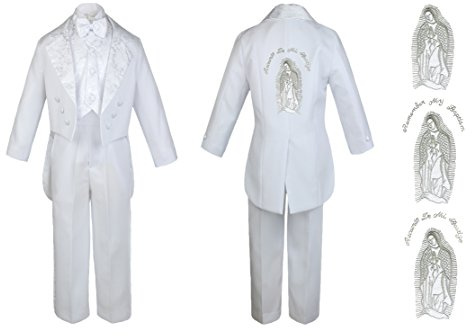 Baby Boy Kid Christening Baptism Church White Tail Suit Mary Maria on Back Sm-7 (Large (12-18 Months), Silver Spanish)