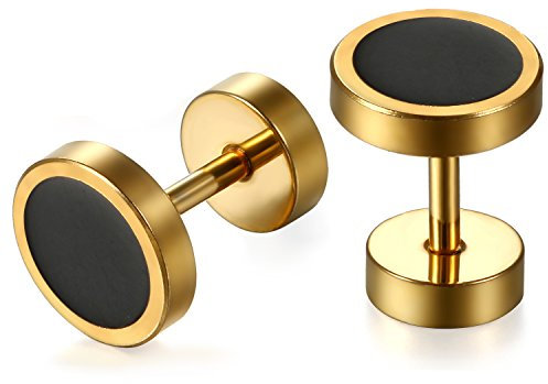 JewelryWe Schmuck Herren Ohrringe, Edelstahl Fake Plug Ohrclips Emaille Lünette runde coole Ohrstecker Tunnel Piercing für Männer, 8mm, Gold Schwarz