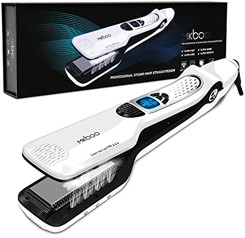 MKBOO Hair Straightener with Steam,Salon Professional Nano Titanium Ceramic Steam Flat Iron with Removable Comb+Digital LCD+5 Level Adjustable Temperature+Auto Temperature Lock White