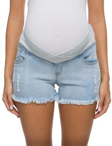 Foucome Maternity Jean Shorts Wide Elastic Band Maternity Shorts for Women Denim (Light Blue, L)
