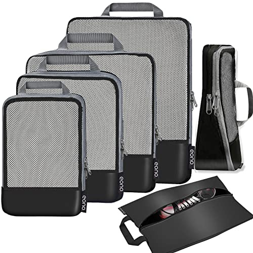 Eono Lot de 3/4/6 Organiseurs de Bagage Bagage Sac Compression pour Voyage Maquillqage Vêtement Sac Organisateur Rangement de Valise Compression Packing Cubes