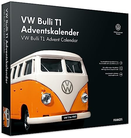 FRANZIS 55134 - VW Bulli T1 Adventskalender, Metall Modellbausatz im Maßstab 1:43, inkl. Soundmodul und 52-seitigem Begleitbuch