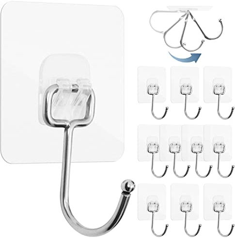 LFBEST 10 Pcs Adhesive Hooks Heavy Duty 44lb/20kg(Max), Large Size Sticky Hooks Clear Strong Adhesive Hooks Nail Free Strong Wall Hooks Adhesive for Bathroom Home Kitchen and Office