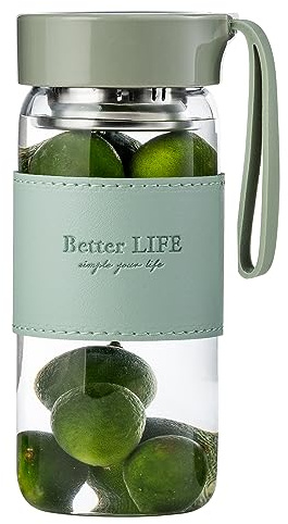 DNIENKGE Glass Tea Bottle 16 oz Drinking Bottle with Non-Slip Holster, and Stainless Tea Infuser,Leak Proof Lid,Portable Glass Water Bottle for School, Office, Car & Home,as a gift, etc (Green)