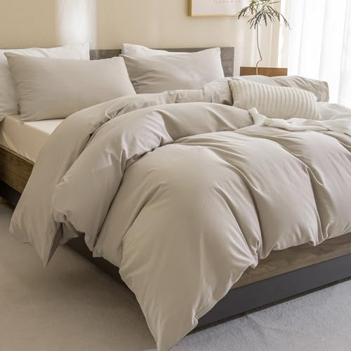 Sanracie Cotton Comforter Set Queen,Linen Like Textured Bedding Comforter for Queen Size Bed 3 Pieces(1 Solid Comforter and 2 Pillowcases) Soft Lightweight Bedding Set