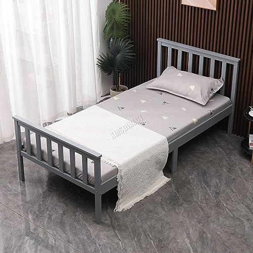 WestWood Single Bed Solid Pine Frame Headboard Durable Shaker Style With Footboard Wooden Platform With Wood Slat Support Bedroom Furniture Strong Support Legs Adults Kids Teenagers Grey