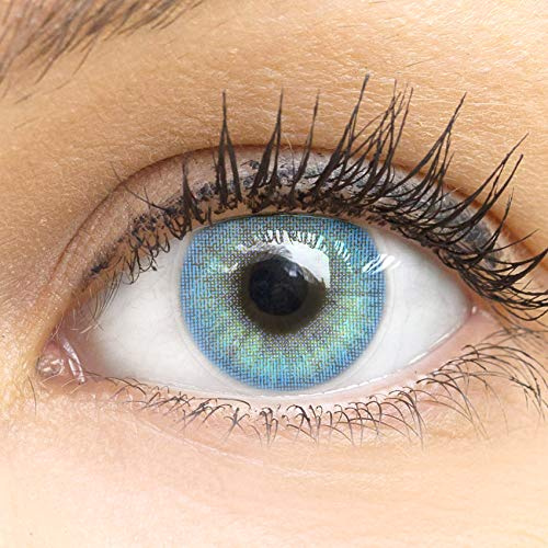 GLAMLENS Lenti a contatto colorate Jasmin Blue - azzurre - mensili - con porta lenti a contatto -blu naturali in silicone idrogel - 2 pezzi - DIA 14.0 - senza correzione 0.00 diottrie lente a contatto
