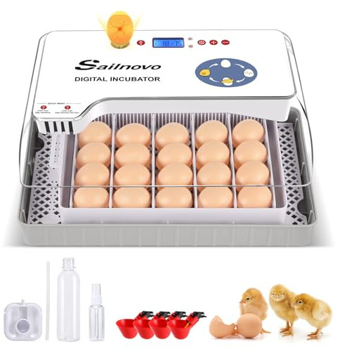 Sailvono 20 Incubateur entièrement automatique, avec ajout d'eau externe, contrôle de la température, éclairage LED, retournement automatique des œufs, de poules - Blanc