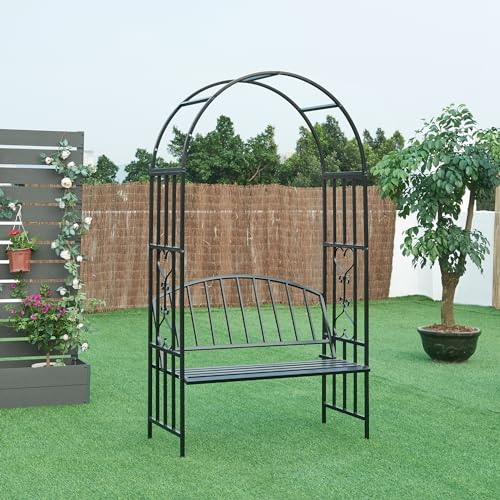 casa.pro Pergola Arcuata per Giardino Struttura Decorativa per Piante Rampicanti con Panchina Integrata 205 x 114 x 55 cm Nero