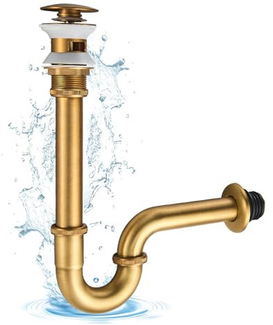 KINKIBOS Sifone a P in acciaio inox e scarico in ottone, 3,8 cm x 32 mm, universale per lavabo e lavabo con troppopieno, altezza regolabile in altezza, finitura spazzolata in ottone anticato