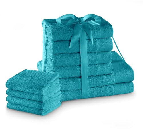 AmeliaHome Handtuch Set Türkis 4 Gästetücher 30x50 cm 4 Handtücher 50x100 cm und 2 Duschtücher 70x140 cm 100% Baumwolle Qualität Saugfähig Amari