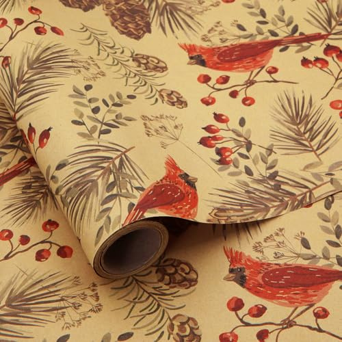 Vinterskog kardinal fåglar skogsbär tallkotte kraft brun jul omslagspapper – 1 minirulle 43 x 300 cm julpapper för vintersolstånd, jul, bröllop, födelsedag, fester, fågelälskare