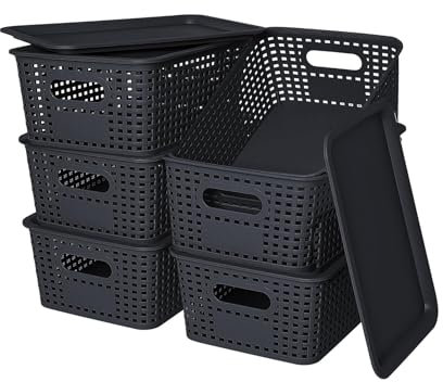 Plastic Storage Baskets With Lids,Stackable Storage Boxes With Handle Cupboard Organiser,Small Storage Bins for Bathroom Kitchen,Storage Organiser Boxes for Shelves Drawers Desktop 6 Pack Black