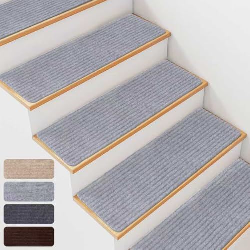 15 PCS Non Slip Stair Treads for Wooden Steps – 8x30 Indoor Non Slip Stair Treads, Carpet Stair Mats with Self-Adhesive Backing, Removable & Machine Washable – Light Grey