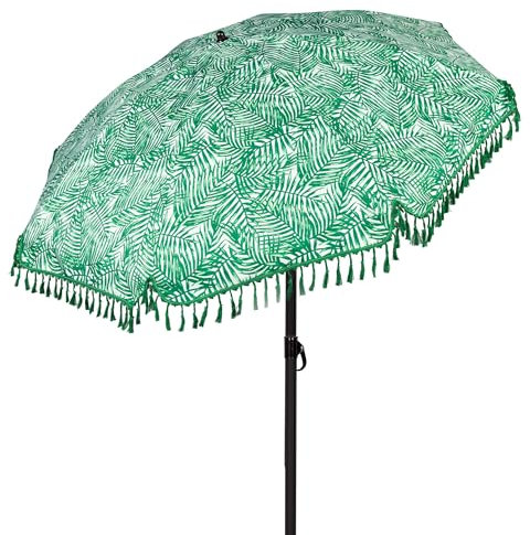 AKTIVE Strandschirm 180 cm mit Fransen, Farnmuster, Stahlstange 22/25 mm, neigbar, UV30-Schutz, 8 robuste Rippen, Tragetasche, leicht und einfach zu montieren (62434), bunt