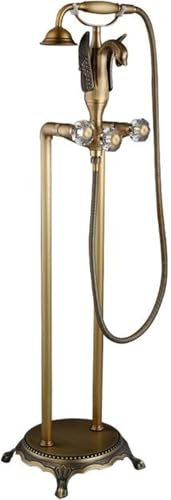 KEuLen Grifo De Pie para Bañera Exenta, Grifo de Ducha con caño Giratorio en Cascada de latón de Alto caudal con Mezclador de Ducha de Mano de Dos manijas(Brass)