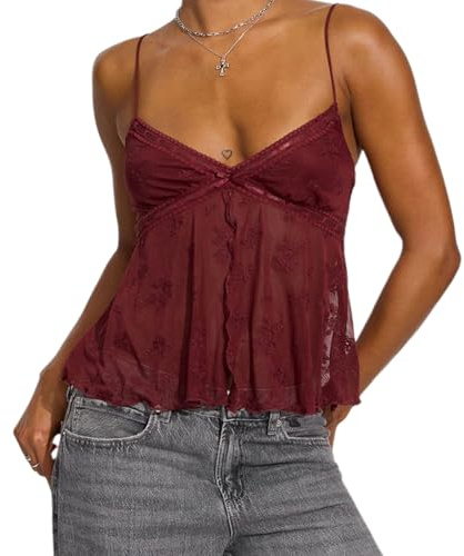 CocMouse Women's Spaghetti Strap Deep V Neck Crop Cami Tops Floral Embroidery Aesthetic Front Split Bandeau Tops Streetwear (Claret, S)