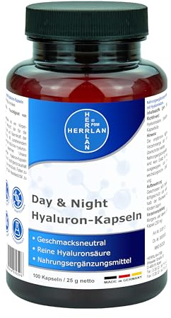 HERRLAN® Hyaluron-Kapseln Day & Night – 100 Stück - Hochdosierte Hyaluronsäure 250 mg je Kapsel – Ohne Zusätze - Premium Nahrungsergänzung Made in Germany