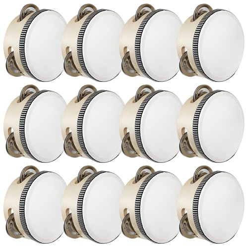 12-pack 10 cm trä tamburin, handhållet slagverk instrument med polyester och fårskinnstrumma, lämplig för dansklasser och bröllop