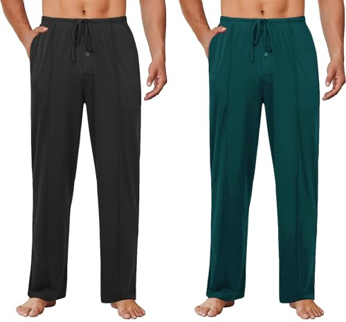 Ekouaer Confezione da 2 Pantaloni Lunghi Pigiama da Uomo Abbigliamento da Notte Pantaloni Tinta Unita Nero + Tinta Unita Blu Verde L