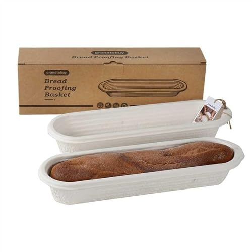 15 Inch Long Baguettes Proofing Basket Set of 2, Natural Rattan Banneton with Liner, Handmade French Bread Dough Rising Mold for Professional & Home Sourdough Bakers