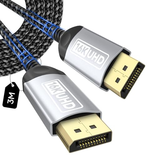 layajia Cable DisplayPort 2.1 16K 3M, Cable DP a DP Soporta 16K@30Hz 8K@240Hz 4K@240Hz, 80Gbps, HDCP 2.3, HDR DSC 1.2a MST FreeSync G-Sync para TV PC Tarjeta de Video Monitor