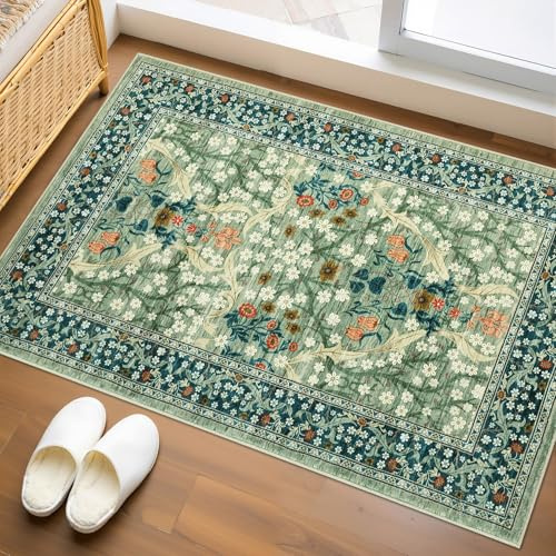 Floral Entryway Rug 60x100cm Spring Green Washable Front Door Entry Throw | Non Slip, Ultra Soft, Stain Resistance Carpet, Low Pile, Easy to Clean, Bedroom, Laundry Room, Study
