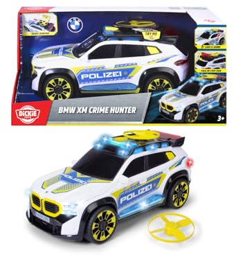 Dickie Toys – BMW XM Crime Hunter (30 cm), Polizeiauto für Kinder ab 3 Jahren, Drohnen Launcher mit 2 Spielzeugdrohnen, Licht und Sound, Stoppschild, Freilauf, Polizei SUV Spielzeug